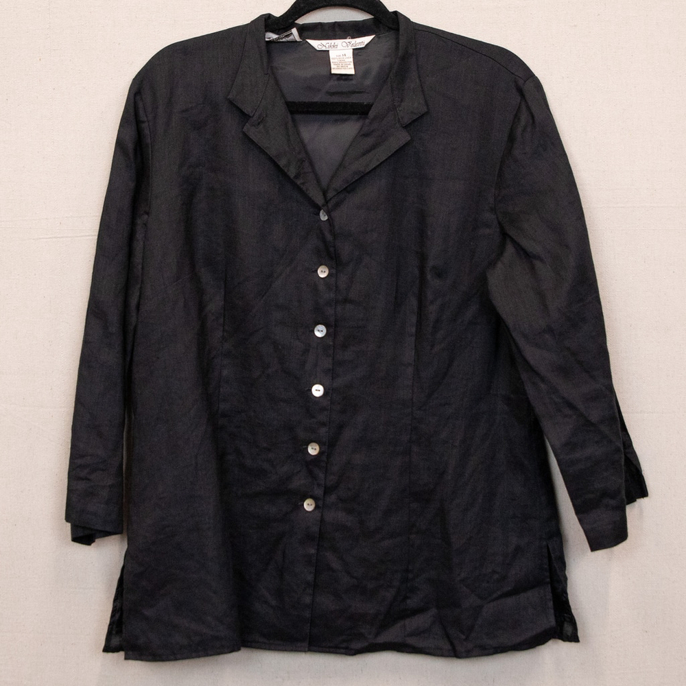 Nikki Valenti Irish linen embroidered black button up shirt shacket-14